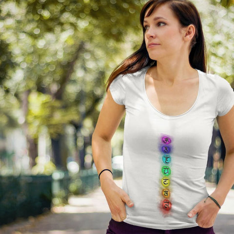 T-shirt col V en coton bio représentant Les 7 Chakras pour Femme