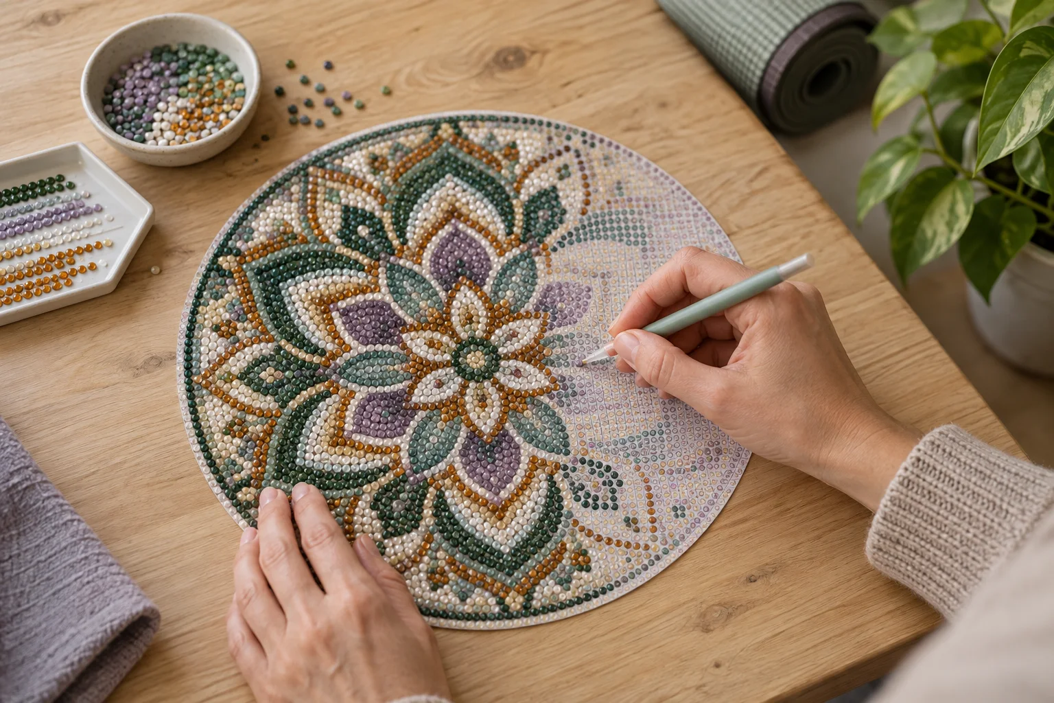 Deux mains complètent un mandala en diamond painting sur une table en bois.